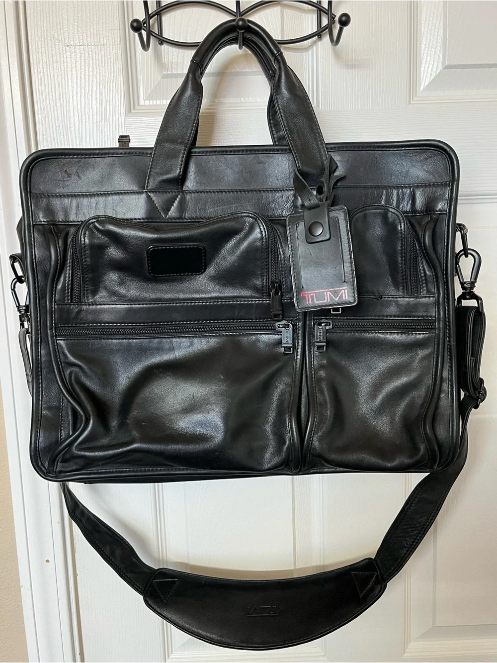 Tumi Black Leather Multi-Pocket Briefcase with Shoulder Strap